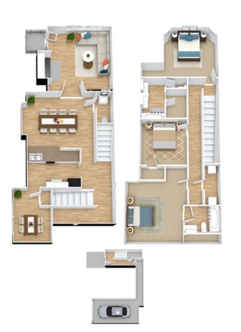 A floor plan of a two-story apartment with a living room, kitchen, and bedrooms.